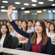 © stopcontrol - Professional asian politican Businesswoman Asking Question, Lecture Hall, Portrait Shot, Soft Focus Background