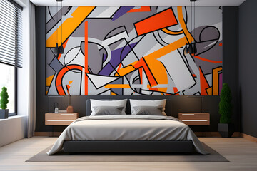 Canvas Print - bedroom with geometric wall mural 