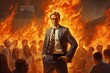 Confident businessman standing in an abstract fire background with his team. Portrait of confident business leader with colleagues