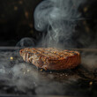 A succulent, medium rare steak sizzling on a black stone grill with billowing smoke, set against a dark, dramatic background