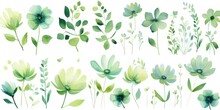 Green Several Pattern Flower, Sketch, Illust, Abstract Watercolor, Flat Design, White Background