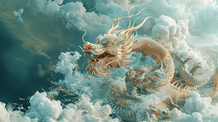 Wall Mural - Gold chinese dragon in the clouds.
