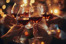 Hand Holding Glass Of Red Wine, Porto Wine,  People Cheering, Cheers, Spending A Moment Together With Friends, Party, Happy Moment, Wine Tasting, Cheering, Porto, Generative AI