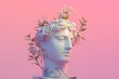 greek marble stone plinth head statue on pastel background with flowers coming out