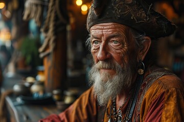 Portrait of a bearded man dressed in a pirate costume, looking piercingly into the camera against the backdrop of an ornate nautical-style interior. concept: sea pirates, travel robbers