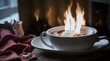 a quaint fireplace casts a gentle glow, creating an ambiance of coziness and comfort. Hovering above a steaming mug of hot cocoa are heart-shaped marshmallows