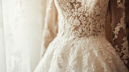 Poster - Closeup wedding dress in bridal salon room background