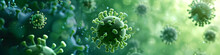 Abstract 3d  Banner Of Floating Virus Cells, Bacteria, Microbes On Blurred Green Background With Copy Space. Close Up Render Of Covid, Flu, Infection Disease. Сoncept For Hospitals, Clinics, Medicine.