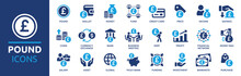 Pound British Currency Icon Set. Containing Wallet, Coins, GBP, Fund, Banknote, Financial, Bank, Salary And More. Solid Vector Icons Collection.