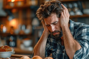 Sticker - man with headache holds his head with both hands, smart casual clothing, sitting in the kitchen, bokeh