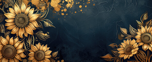 Wall Mural - illustration of gold sunflowers with black background