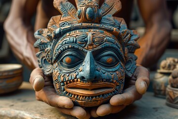 Indian traditional mask sculptor using diverse materials to craft culturally rich masks