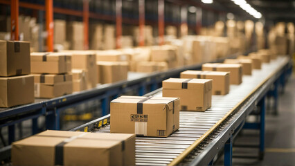 Conveyor belt in warehouse with rows of cardboard boxes