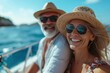 © lublubachka - Laughing, happy couple and on a boat for retirement travel, summer freedom and holiday in Bali.
