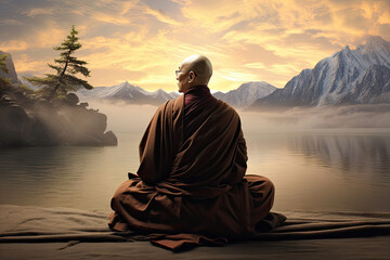 Wall Mural - Buddhist monk sitting on a rock by the lake at sunset