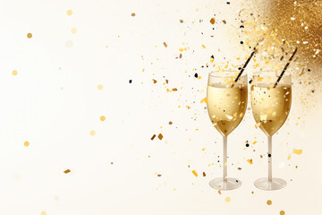 Wall Mural - Champagne glasses and golden confetti on light background