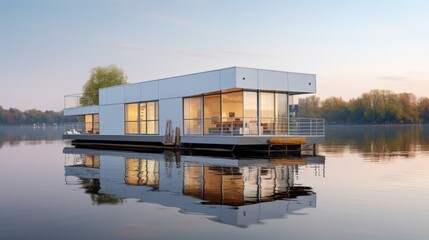 Modern house on the water. 3d render. Business concept.