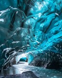 Fototapeta  - Blue crystal ice cave entrance and an underground river beneath the glacier