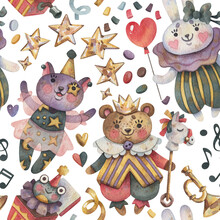 Watercolor Seamless Pattern Vintage Party With Cute Vintage Animals In Carnival Costumes. Сonfetti And Stars. Background For Postcards, Packing Paper, Decor, And Textiles.