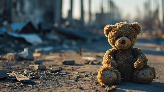 A teddy bear on the damaged road, building ruins after war or disaster