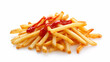 Thin shoestring fries lightly drizzled with ketchup isolated on a white background