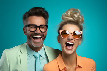 studio portrait of a happy elegant couple wearing glasses