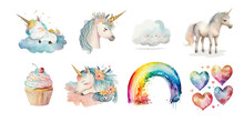 Cute Fairytale Unicorns, Flowers, Hearts And Rainbows. Watercolor Clipart.