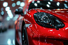 Headlights And Hood Of Sport Red Car With Silver Stars. Headlight Of A Super Car Of Red Color Close-up. Modern Sports Car Details. Car Front Light. Close-up View