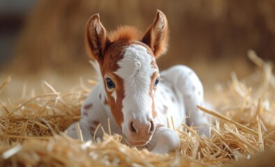 Wall Mural - A newborn red and white foal lies in a haystack