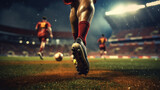 Fototapeta Sport - Close-up shot emphasizes football players powerful strides in vibrant stadium.