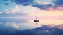 A Lone Boat Sailing On A Calm And Reflective Ocean.