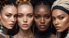 Four Beautiful Girls Of Different Races On A Fashion Show