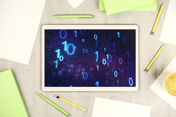 Poster - Creative abstract binary code sketch on modern digital tablet screen, hacking and matrix concept. Top view. 3D Rendering