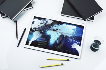 Wall Mural - modern digital tablet display with abstract creative world map, research and analytics concept. top 