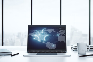 Wall Mural - modern computer monitor with abstract digital world map with connections, research and strategy conc
