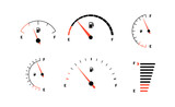 Fototapeta  - Fuel indicator meter or fuel gauge for petrol, gasoline, diesel level count. Control gas tank fullness. Set of fuel gauge scales icons. Car dial petrol gasoline dashboard. illustration