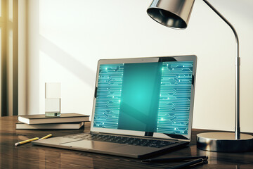 Wall Mural - modern computer monitor with circuit hologram. research and development hardware concept. 3d renderi