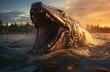 As the sun sets on the horizon, a prehistoric mammal emerges from the river, its jaws agape and fangs bared in a fierce display of dominance over the water
