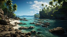 A Serene Tropical Paradise, Where Palm Trees Sway Against A Backdrop Of Clear Blue Skies And Crystal Waters, With Rocky Cliffs And Lush Greenery Framing A Peaceful Bay Along The Caribbean Coast