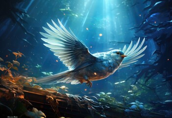 Wall Mural - A majestic blue bird gracefully soars through an underwater reef, surrounded by the vibrant colors of marine life and the gentle sway of the water