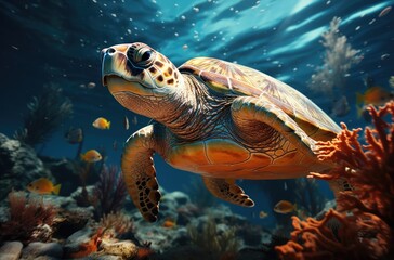 Wall Mural - A graceful sea turtle glides through the colorful coral reef, showcasing the beauty and wonder of marine biology in its natural habitat