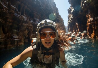 A determined woman conquers the treacherous mountain waters, her face hidden by a helmet and goggles as she swims towards her goal in the great outdoors