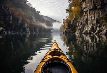 Wall Mural - A lone yellow kayak glides peacefully down a winding river, surrounded by the vibrant fall landscape and framed by the expansive sky, evoking a sense of freedom and adventure in the great outdoors