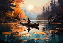 Amidst The Tranquil Lake, A Woman Gracefully Glides In Her Canoe, Surrounded By The Breathtaking Beauty Of Nature's Painted Sky And Mirrored Reflections Of Trees And Mountains