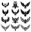Black and white owl icon set for logos and heraldic symbols 