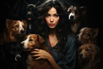 A fashionable woman with a face full of fur poses confidently indoors surrounded by her beloved pack of diverse dog breeds