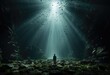 Amidst the darkness of the reef, a solitary figure stands surrounded by shimmering fish as the light of nature illuminates their rugged surroundings