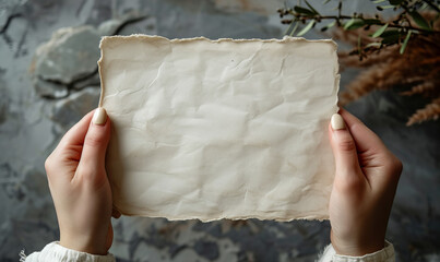 A woman holding a blank sheet of brown paper or card with her hands isolated on grey background. An empty space for a text or a wish.