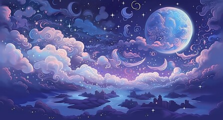 Magic moon in the night sky, abstract illustration