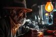 A dapper gentleman takes a contemplative drag from his cigarette as he enjoys a drink in the dimly lit bar, his fedora adding a touch of sophistication to his street-style clothing